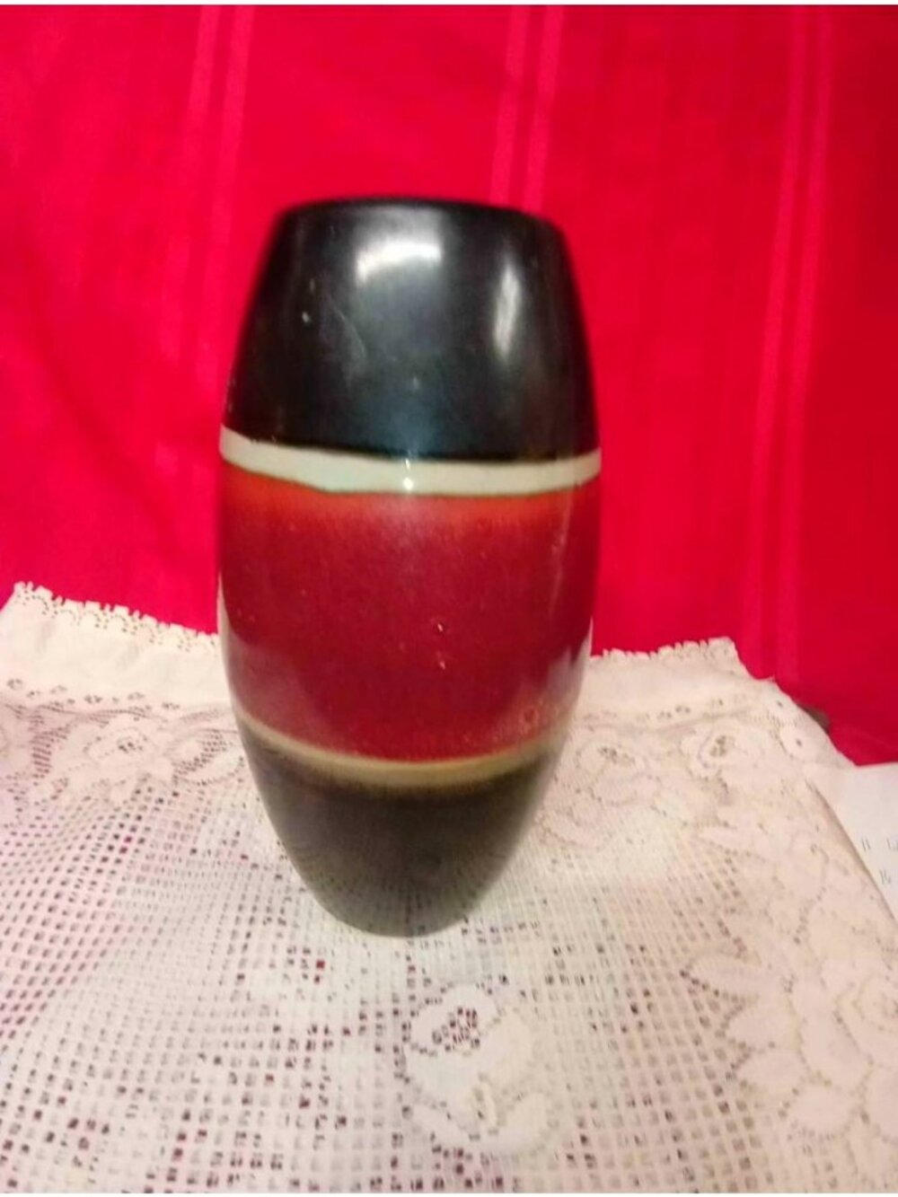 Vintage Mid-Century Modern Tricolor Ceramic Art Vase Black Red & Cream Bands 12"